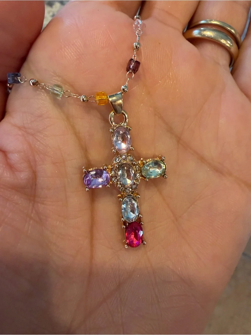 Gold Cross Pendant Necklace with Multicolor Gemstones
